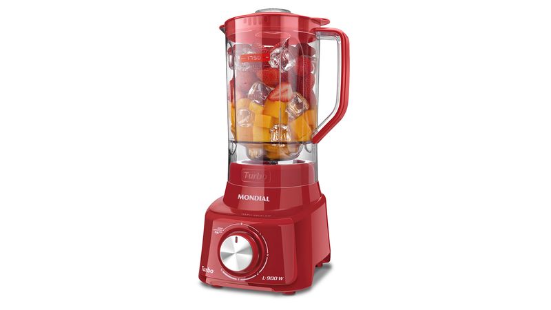 liquidificador-mondial-turbo-power-900-vermelho-com-frutas-e-gelo-no-copo-em-fundo-branco