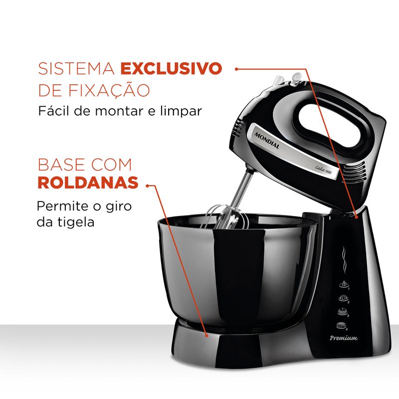 Batedeira Mondial 4 Velocidades 500W Preto/Inox B-50-B - Mondial